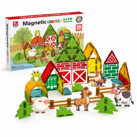 Jucării creative - Set de construit cu piese magnetice Ferma vesela STEM Magnetic Tiles 70 de piese