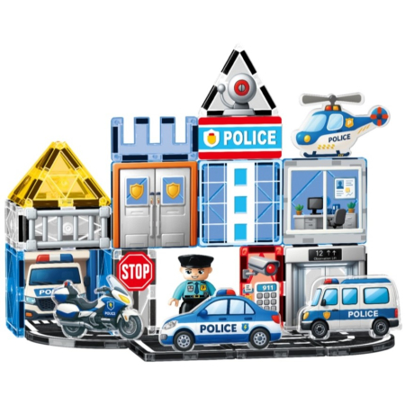 Set de construit cu piese magnetice Statie de Politie STEM Magnetic Tiles 53 de piese