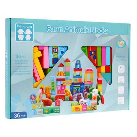 Set de cuburi din lemn pentru construit 100 de piese FERMA ANIMALELOR Farm Animals Blocks [2]