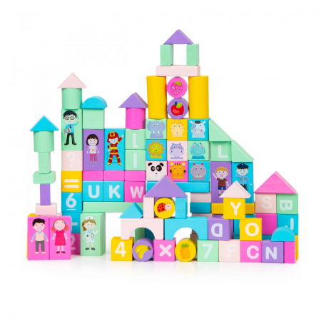 Jucării din lemn - Set de cuburi din lemn pentru construit 100 de piese litere, numere, meserii- Learning Blocks