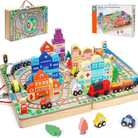 Seturi de construit - Set de joaca din lemn trenulet pe sine si cuburi de construit ORASELUL VALIZA  Track Box City