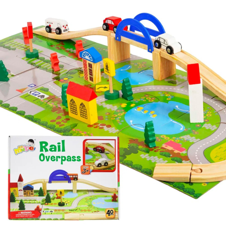 IDEI DE CADOURI - Set orasel cu sosele din lemn, vehicule, cladiri si covoras de tip puzzle sosea Rail Overpass