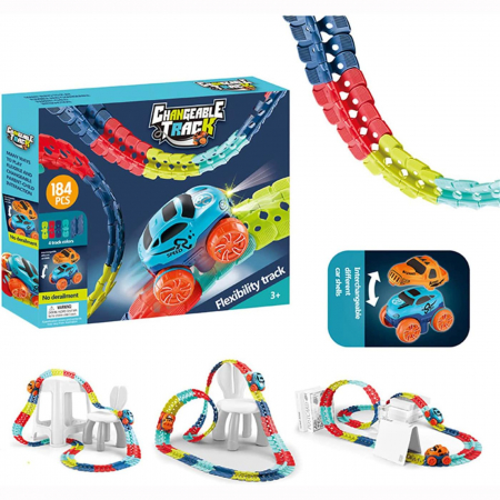 Jucării interactive - Traseu de masinute flexibil multicolor si masinuta cu caroserii interschimbabile 184 de piese