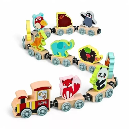 Trenulet din lemn cu prinderi magnetice 11 piese animale salbatice Little Train [1]