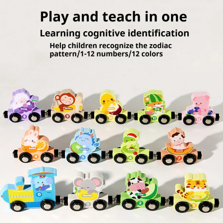 Trenulet din lemn cu prinderi magnetice 13 piese animale si fructe [3]