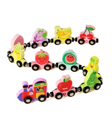 Jucării din lemn - Trenulet din lemn cu prinderi magnetice, Model fructe, 10 vagoane
