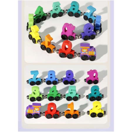 Jucării copii 5-6 ani - Trenulet din lemn cu prinderi magnetice, Model numere, 11 vagoane