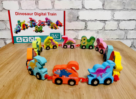 Lichidare de stocuri - Trenuleţ din lemn DIGITAL cu vagoane numerotate de la 0 la 9 dinozauri