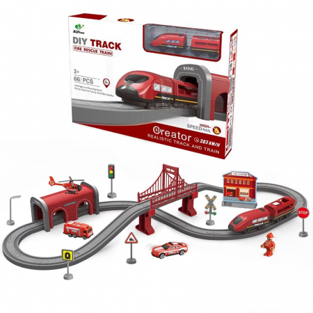 Jucării - Trenulet electric cu sine si accesorii 66 de piese pompieri DIY Track fire rescue train