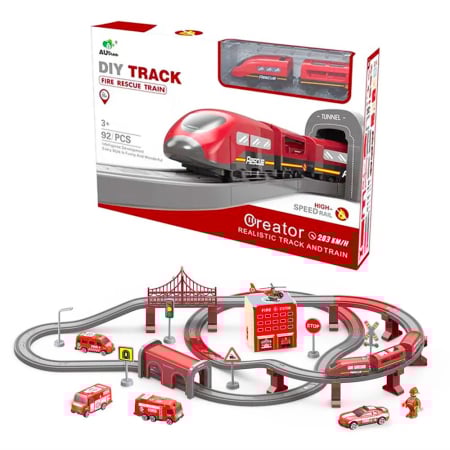 Jucării interactive - Trenulet electric cu sine si accesorii 92 de piese pompieri DIY Track fire rescue train