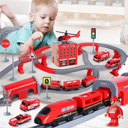 Trenulet electric cu sine si accesorii 92 de piese pompieri DIY Track fire rescue train [2]