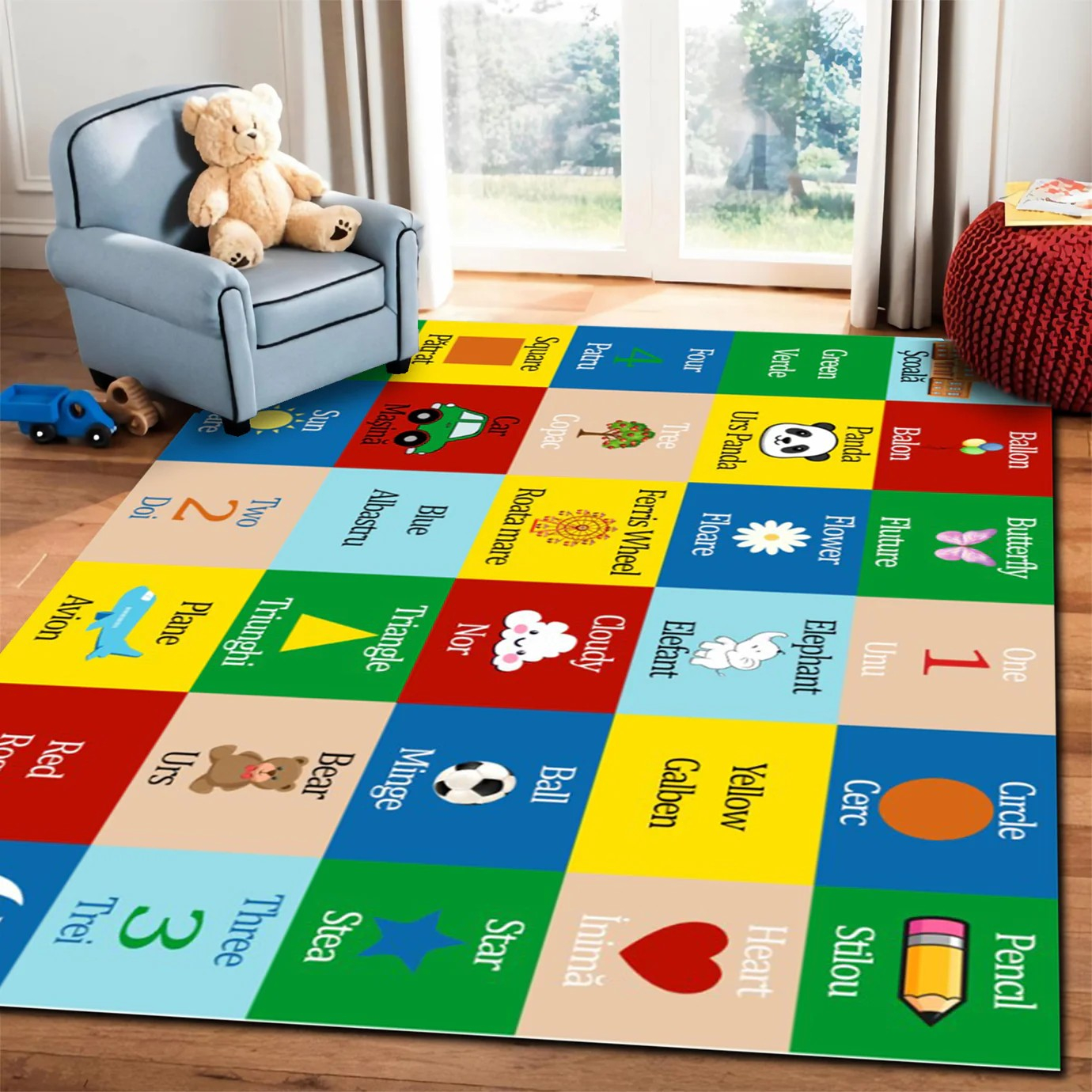 Covor moale antiderapant multicolor cuvinte in romana si engleza 120 x 180 cm