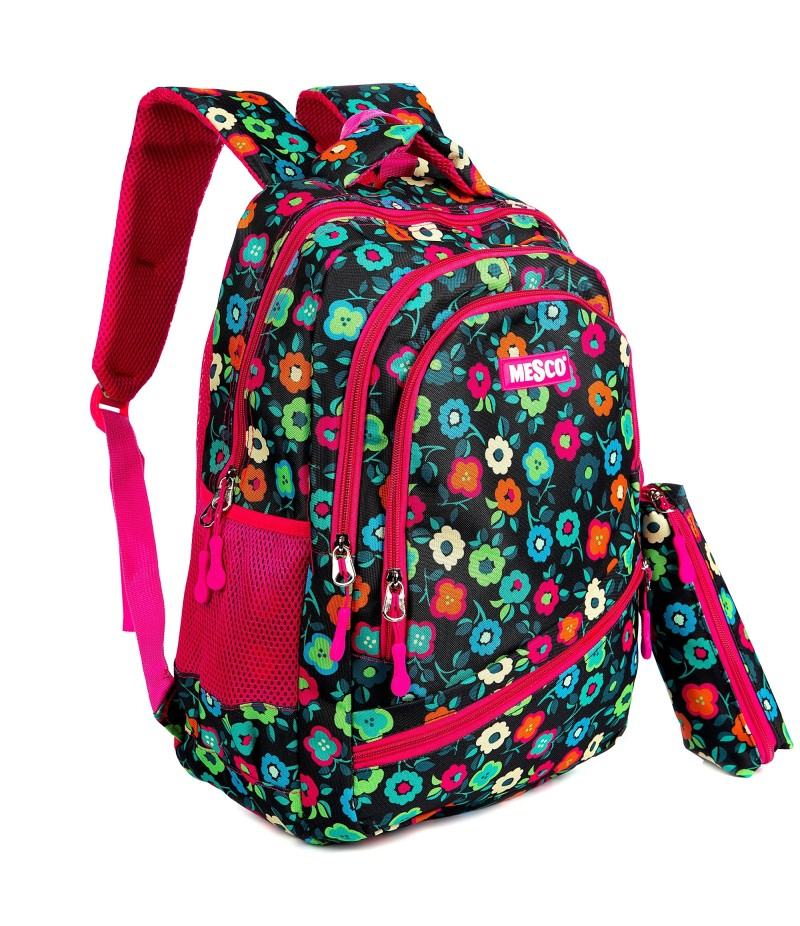 Ghiozdan scoala Flori, 4 compartimente si penar, Multicolor, Mesco 44 x 32 x 16 cm