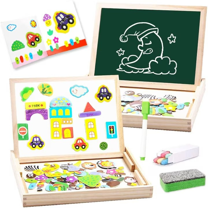 Joc 2 in 1 din lemn puzzle magnetic si tablita de scris si colorat model oras