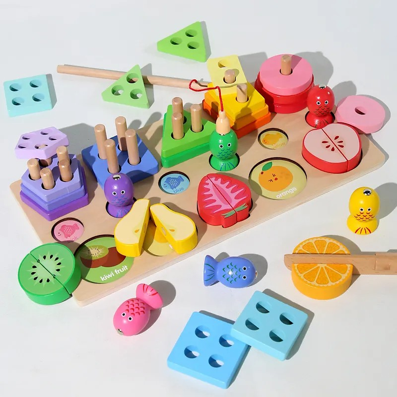 Joc 3 in 1 de tip Montessori - Sortator cu 5 forme geometrice, pescuit magnetic, feliaza fructele