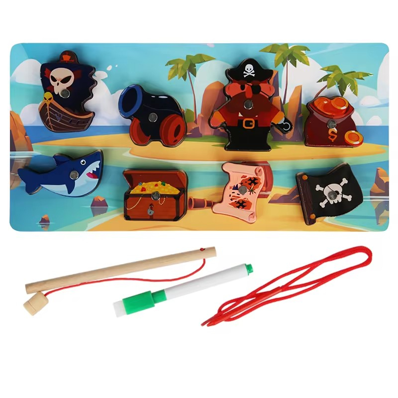 Joc 3 in 1 puzzle, pescuit magnetic si joc de insiruit din lemn Pirati