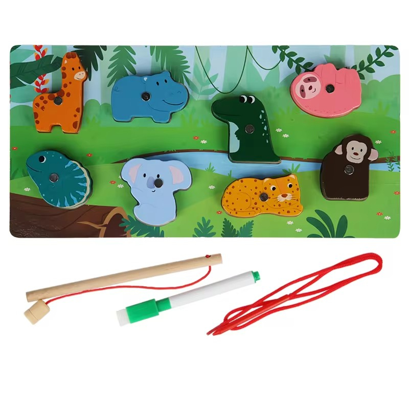 Joc 3 in 1 puzzle, pescuit magnetic si joc de insiruit din lemn Animale in jungla