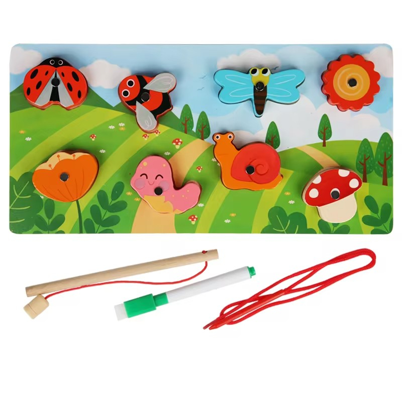 Joc 3 in 1 puzzle, pescuit magnetic si joc de insiruit din lemn Insecte