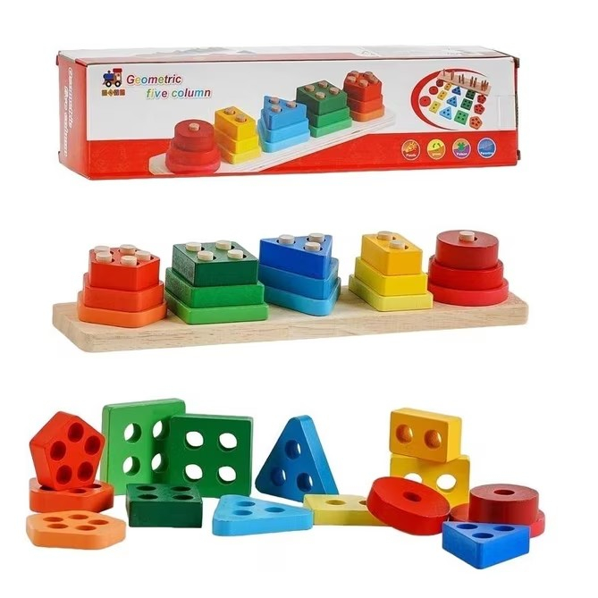 Joc de tip Montessori - Sortator cu 5 forme geometrice Geometric Stacker
