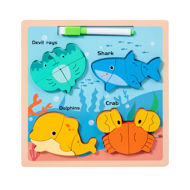 Joc din lemn puzzle tematic 3D si tablita de scris cu marker lavabil Animale Marine