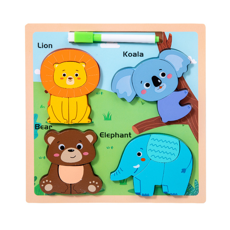 Joc din lemn puzzle tematic 3D si tablita de scris cu marker lavabil Animale din jungla