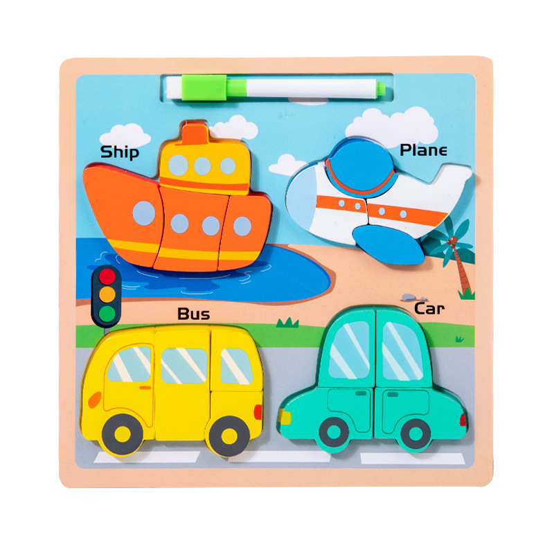 Joc din lemn puzzle tematic 3D si tablita de scris cu marker lavabil Vehicule