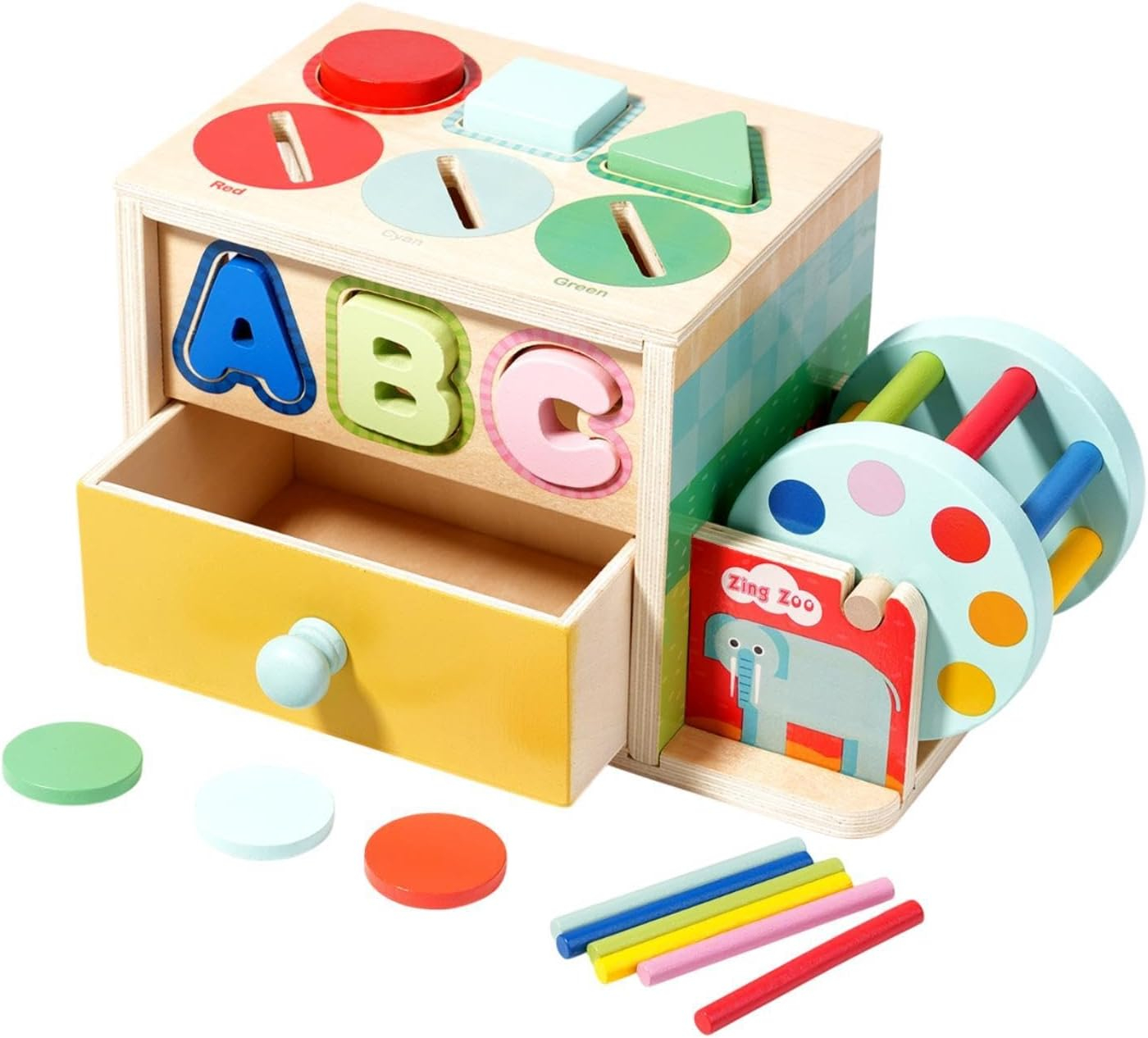 Joc educativ cutie sortator forme si culori din lemn cu sertar Touch Box
