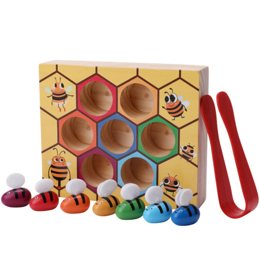 Jucarie Montessori de asociere culori si dexteritate Albinutele in fagure de miere din lemn