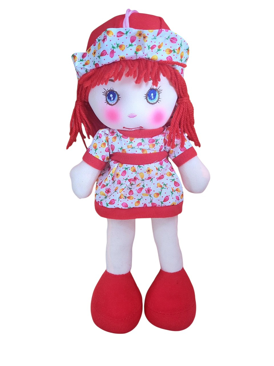 Papusa textila 35 cm care spune rugaciunea Ingerasul meu, diferite culori Rosu,rochita si bor palaurita cu floricele