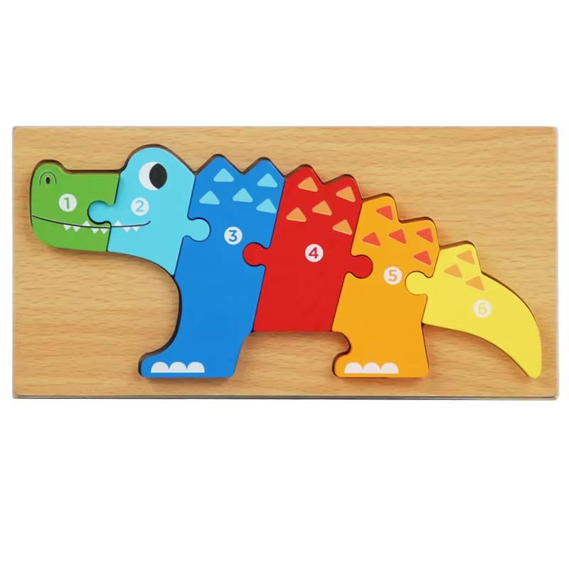 Puzzle din lemn 3D cu piese numerotate animale si vehicule Crocodil