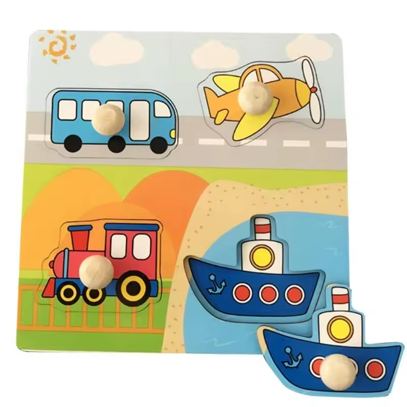 Puzzle din lemn cu butoni 14,7 x 14,7 cm diferite modele Vehicule