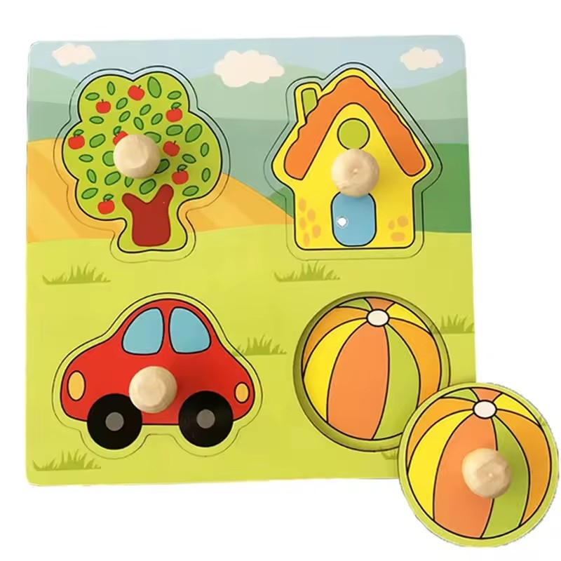 Puzzle din lemn cu butoni 14,7 x 14,7 cm diferite modele obiecte