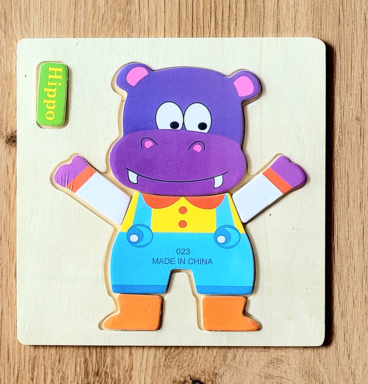 Puzzle mic din lemn fructe, animale, vehicule cu denumire in limba engleza Hipopotam