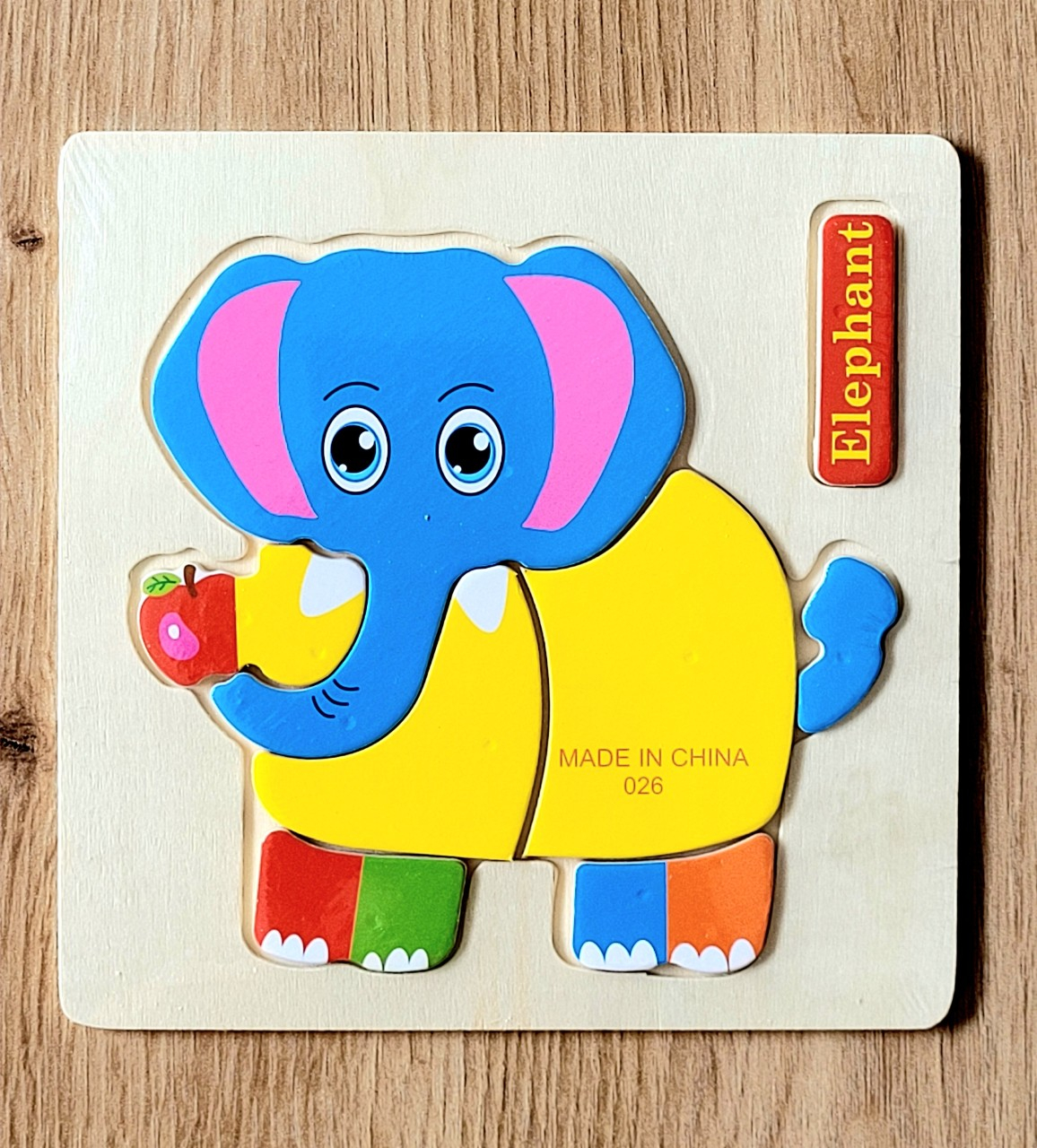 Puzzle mic din lemn fructe, animale, vehicule cu denumire in limba engleza Elefant