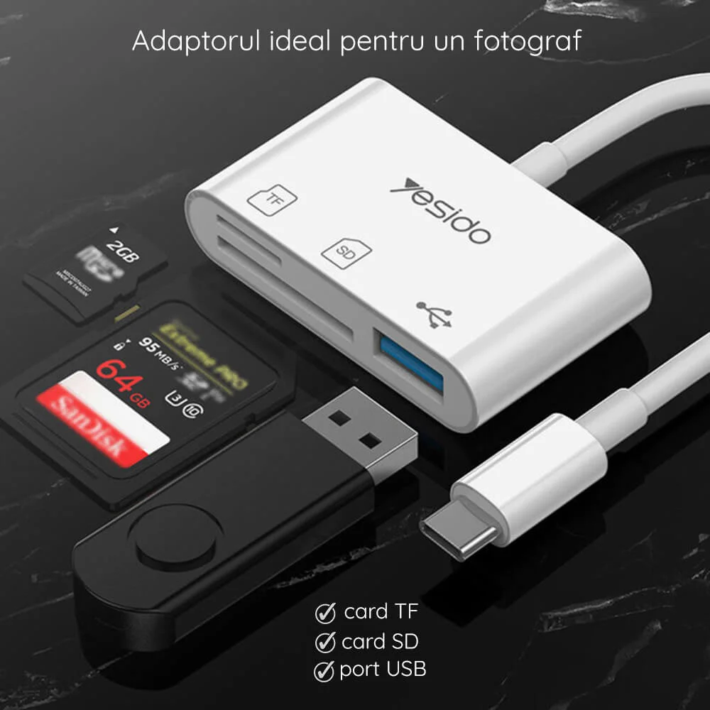 Yesido - Card Reader and Adapter (GS16) - Type-C to USB 3.0, SD, Micro SD - White