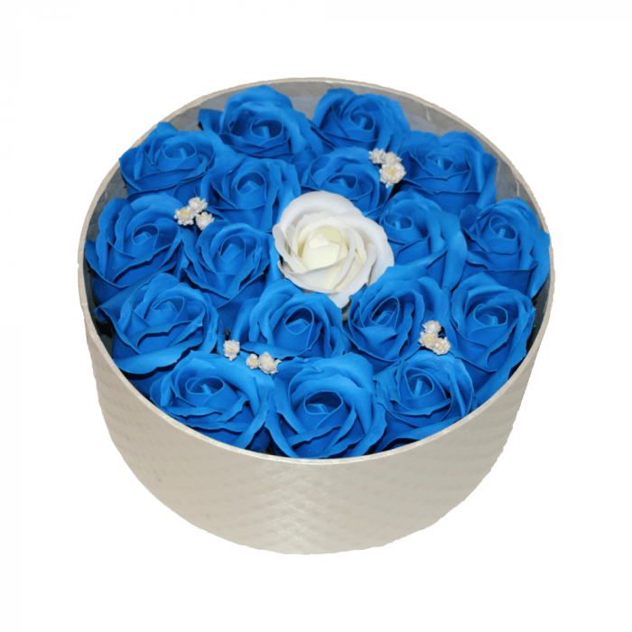 Aranjament trandafiri de sapun albastri si ivoire in cutie rotunda gold [2]