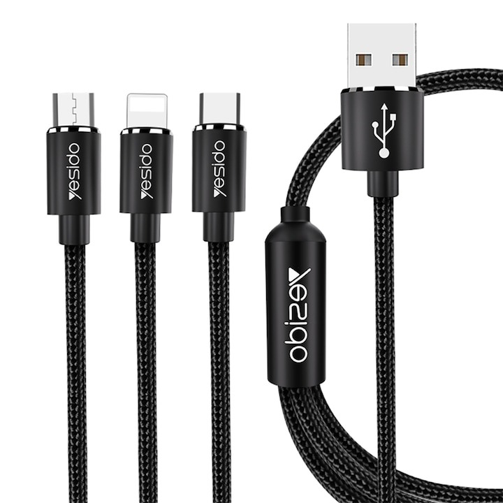 Cablu încărcare rapidă 3in1 USB – Lightning, Type-C, Micro USB, 60W, 3A, 1.2m, Negru – YSDC587 [1]