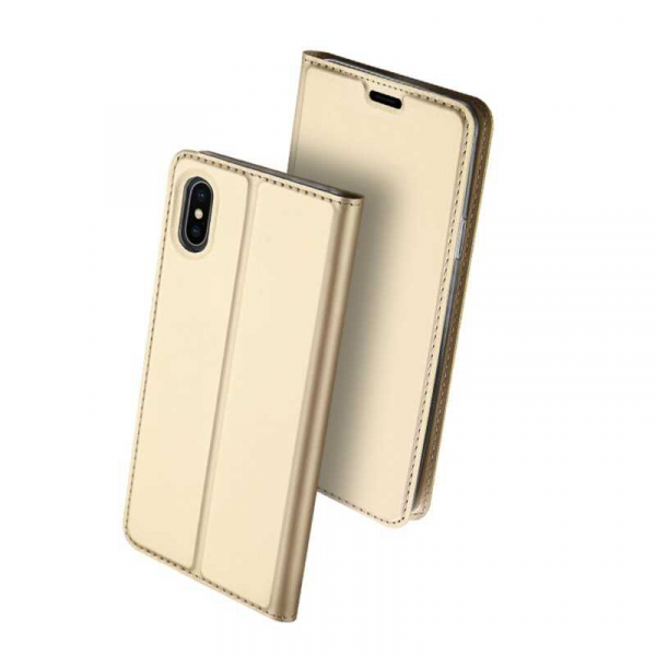 Husa iPhone Xs Max 2018 Toc Flip Tip Carte Portofel Auriu Gold Piele Eco Premium DuxDucis [1]