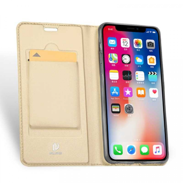 Husa iPhone Xs Max 2018 Toc Flip Tip Carte Portofel Auriu Gold Piele Eco Premium DuxDucis [2]