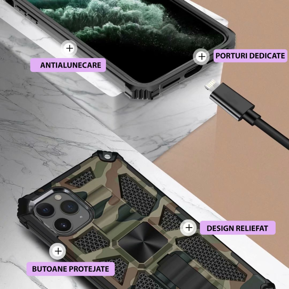 Husă Samsung Galaxy S20 / S20 5G Antisoc cu Inel Stand și Plăcuță Metalică, Army – Techsuit TechBlzr [4]