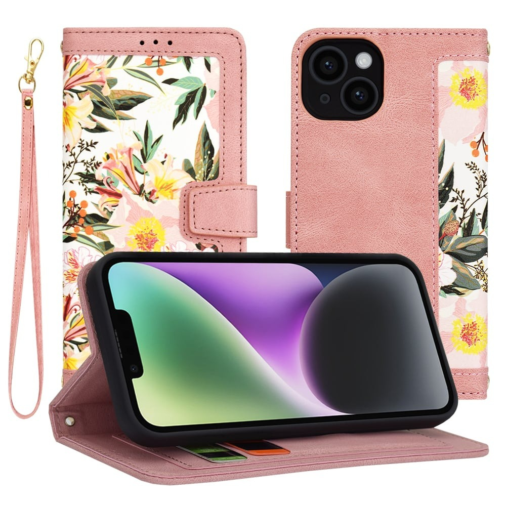 Husa Tip Carte iPhone 14 cu Flip Magnetic Roz cu Flori TFC [2]