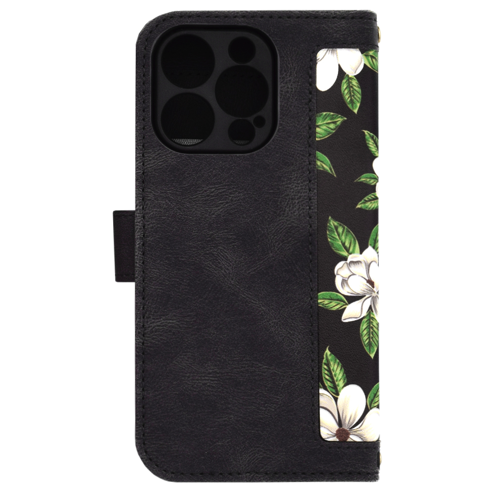 Husa Tip Carte iPhone 16 Pro cu Flip Magnetic Negru cu Flori TFC [2]