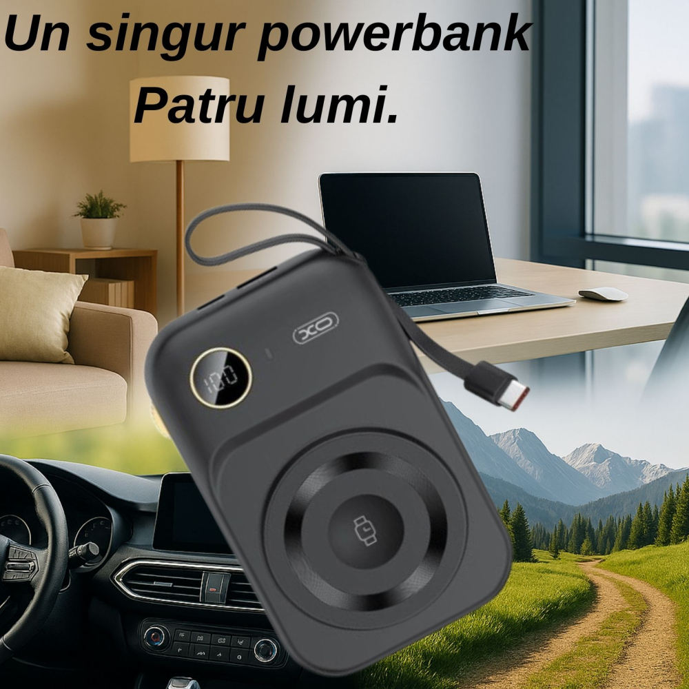 PowerBank 10000 mAh USB-C, Wireless & Cablu Incorporat, Negru – XO PR270 [2]