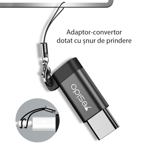 Adaptor USB Type-C la Micro USB Mama, 2.4A, Aluminiu Compact, Negru – Yesido GS04 [2]