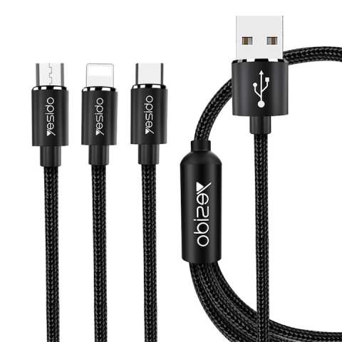 Cabluri - Cablu încărcare rapidă 3in1 USB – Lightning, Type-C, Micro USB, 60W, 3A, 1.2m, Negru – YSDC587