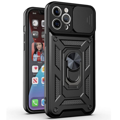 Huse iPhone 12 Pro Max - Husa Antisoc iPhone 12 Pro Max Protectie Camera, Inel Stand, Negru – Techsuit TCSS