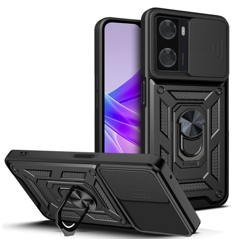 Huse Oppo A57 4G - Husa Antisoc Oppo A57 / A57S Protectie Camera, Inel Stand, Negru – Techsuit TCSS