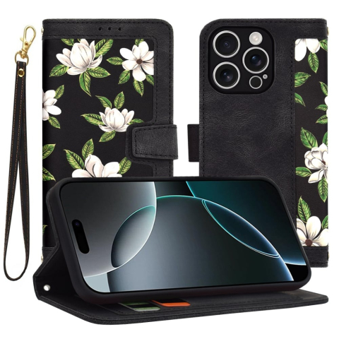 Husa Tip Carte iPhone 16 Pro cu Flip Magnetic Negru cu Flori TFC [1]