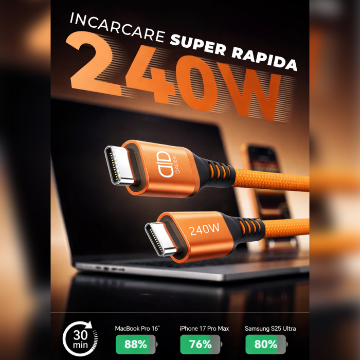 Cablu USB-C la USB-C 240W, DaDen, Incarcare Rapida, Ultra Rezistent, Material Textil, Fast charge, 5A, USB la USB-C, 3 metri, Portocaliu [2]