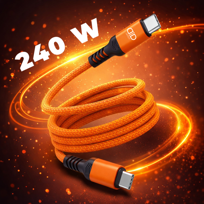 Cablu USB-C la USB-C 240W, DaDen, Incarcare Rapida, Ultra Rezistent, Material Textil, Fast charge, 5A, USB la USB-C, 3 metri, Portocaliu [5]